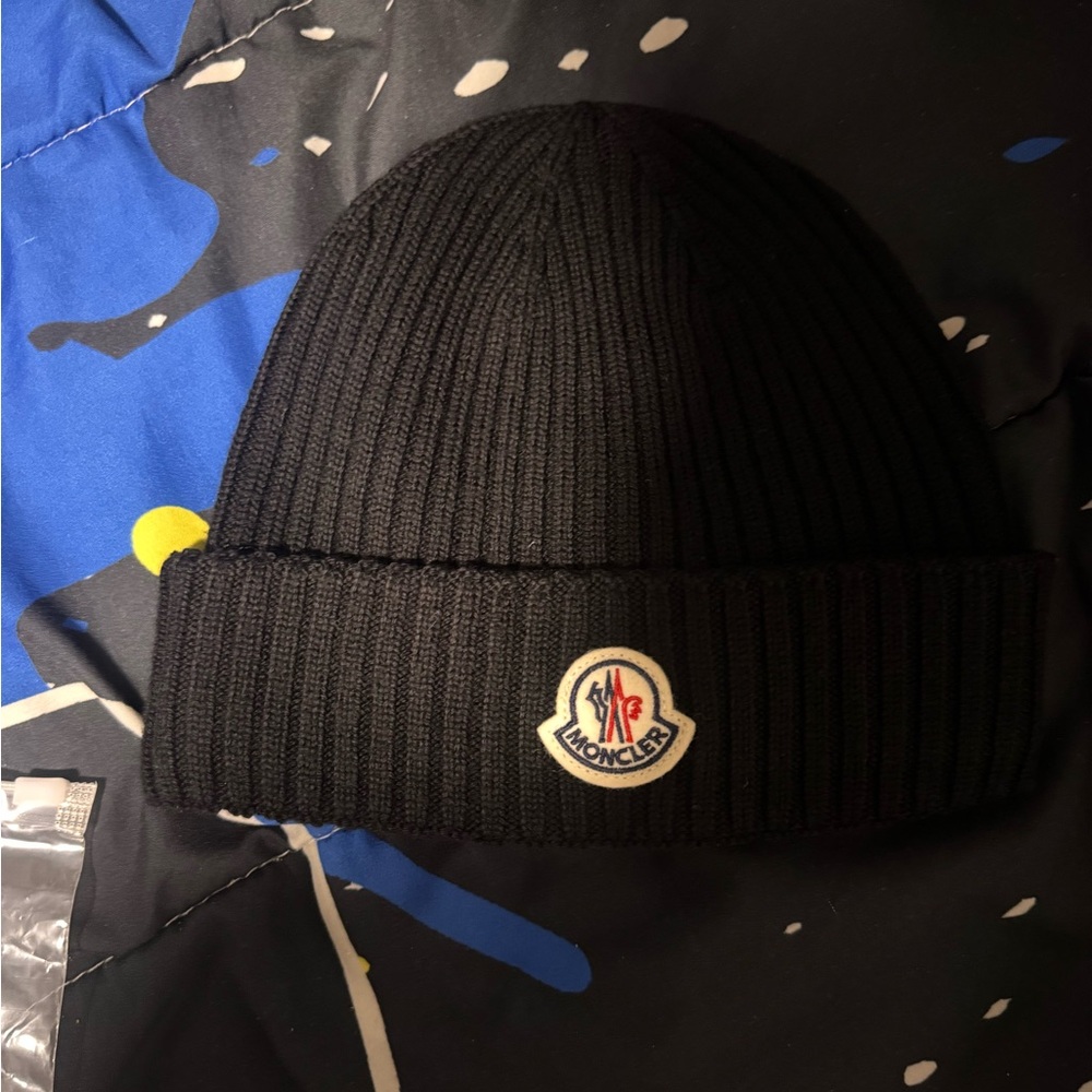 Moncler Black Ribbed Cuffed Beanie with Logo Patch